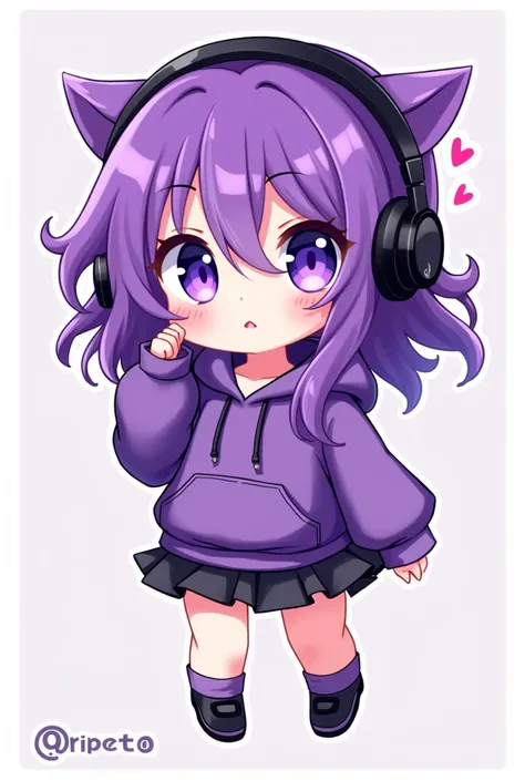 Keito。Purple eyes。Purple Hair。Purple Skirt。Black shoes下。Black shoes。Purple hoodie。Headphones。The eyes are bright and pretty。Chibi Character。