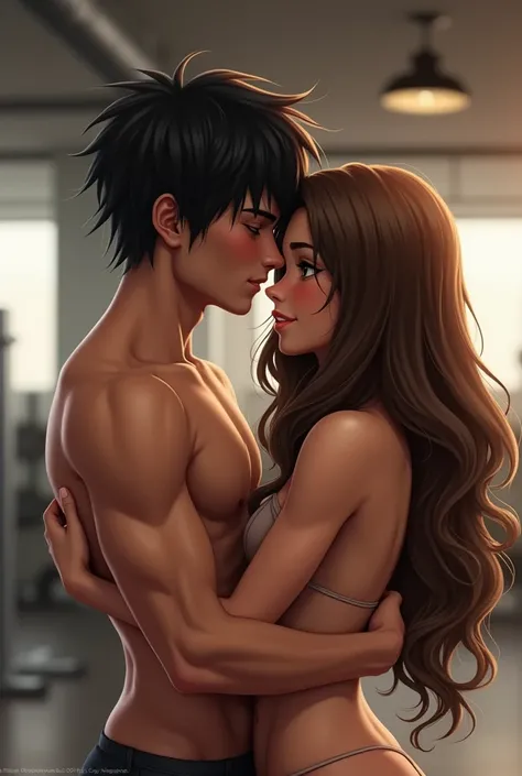 Messy black haired man without beard hugging long brown haired girl in gym 
