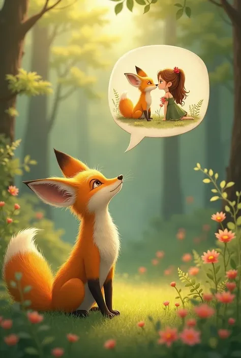 Realistic and cute,A yellow female fox who longs for love,Stand up,Speech bubble above head,A picture of fox love appears in the bubbles,Cute realistic style,Surrounded by love,Background forest garden