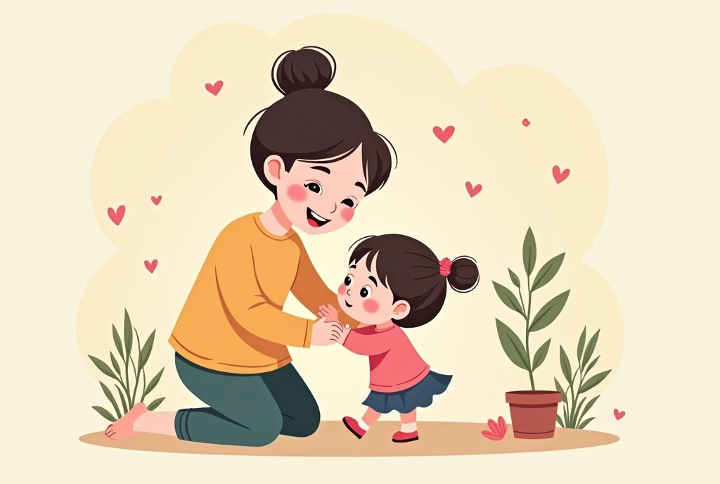 A cartoon image of a mother and daughter overcoming difficulties, cartoon, cute cartoon, cute cartoon style, motherly love, cute illustration, clean anime art