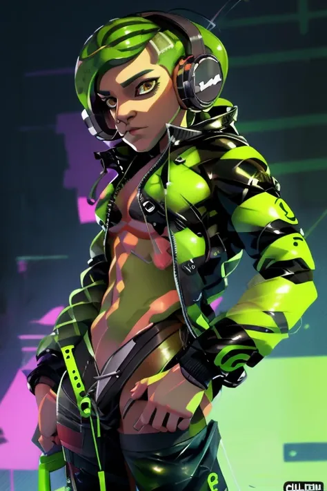 create a splatoon character, nsfw, octarian, octopus, male, green ink, 1 tentacle hairstyle, bulge in pants, and brown eyes, mal...