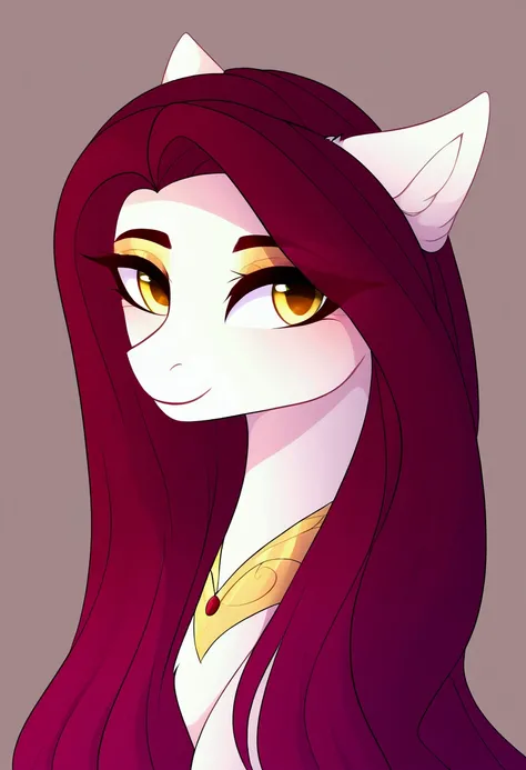 (work of art, Maximum quality, best qualityer, offcial art, beautiful and aesthetic:1.2), A pony with a long red mane, long straight red hair, Caucasian skin, gold eyes.