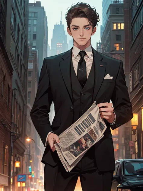 ((One young man in a black suit and tie)), Gotham, alejandro, (((Dark short hair swept to the side))), (dark green eyes and thick eyebrows), grin, ((20-year-old)), ((masterpiece)), read the newspaper , ((cinematic lighting)),