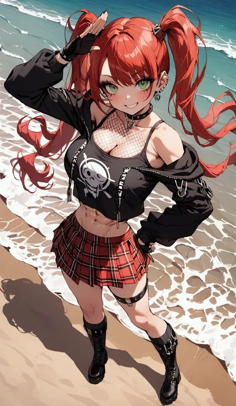 woman, grin, curly red hair in pig tails, green eyes, black eyeshadow, wearing crop top black shirt, black oversized zip up hoodie, red plaid skirt, black knee high boots, black fingerless gloves, exposed shoulders, large breasts, freckles, abs, cleavage, ...