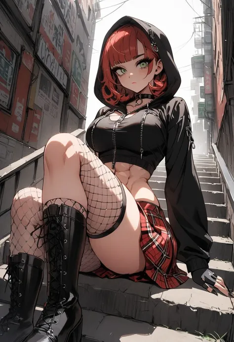 woman, stoic, curly red pixie cut hair, green eyes, black eyeshadow, wearing crop top black shirt, black oversized zip up hoodie, hood up, red plaid skirt, black knee high zipper boots, black fingerless gloves, large breasts, freckles, abs, looking down at...