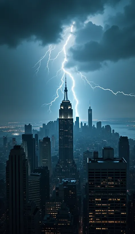 Picture New York City with lightning bolts striking amidst the skyscrapers., with a dramatic backdrop.