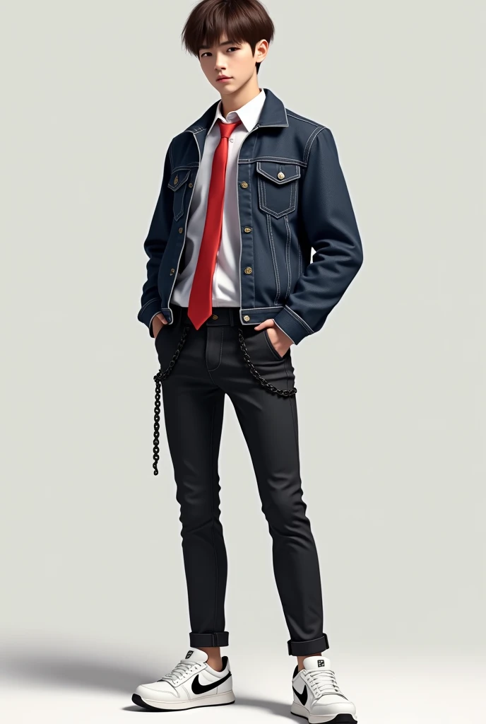 A Korean boy with short brown hair and black, strong blue denim jacket, White shirt, Red tie, Black denim pants, White Nike tennis shoes with black and a black chain hanging from the pants