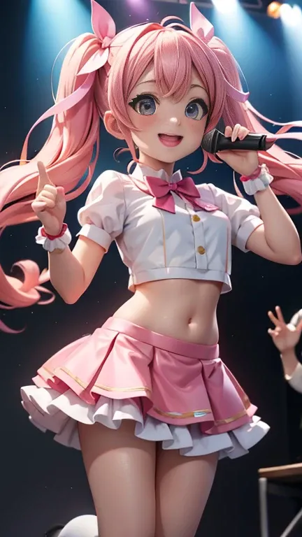 Idol singer、masterpiece、Big Twin Tail、Lightピンクの髪、on stage、Light、It consists of pastel colors、Voluminous skirt、mini skirt、Idol Costumes、ribbon、belly button、Innocence、Dynamic pose、Hurrah!、Golden Rule Balance、Fun Expressions、smile、Eyes sparkling、Cuteness