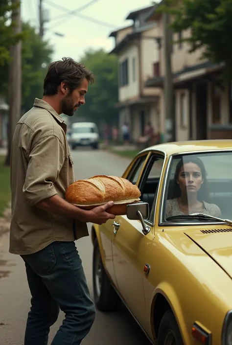 A man carries bread to a woman sitting in a car.
