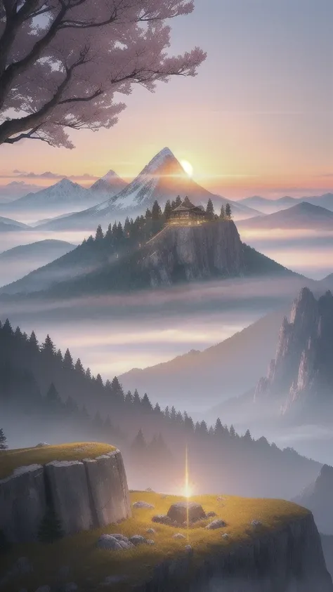 Create a mystical and ancient mountain scene set during the dawn of time. The sky should be painted in vibrant hues of orange, pink, and purple as the first rays of sunlight break over a rugged, craggy mountaintop. The mountain should be surrounded by thic...