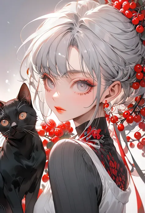 The background is crimson，(Highest quality,Very detailed,High resolution:1.2),Slim albino girl，Gray-haired berry shorthair,gray bangs，very_Long eyelashes, Detailed lips, Cool look, Soft Skin, Shiny Hair,Exquisite makeup, Standing next to a big black cat