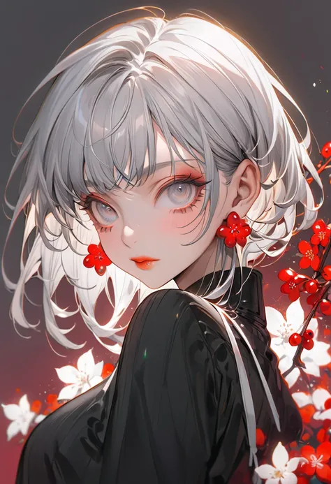 The background is crimson，(Highest quality,Very detailed,High resolution:1.2),Slim albino girl，Gray-haired berry shorthair,gray bangs，very_Long eyelashes, Detailed lips, Cool look, Soft Skin, Shiny Hair,Exquisite makeup, Standing next to a big black cat