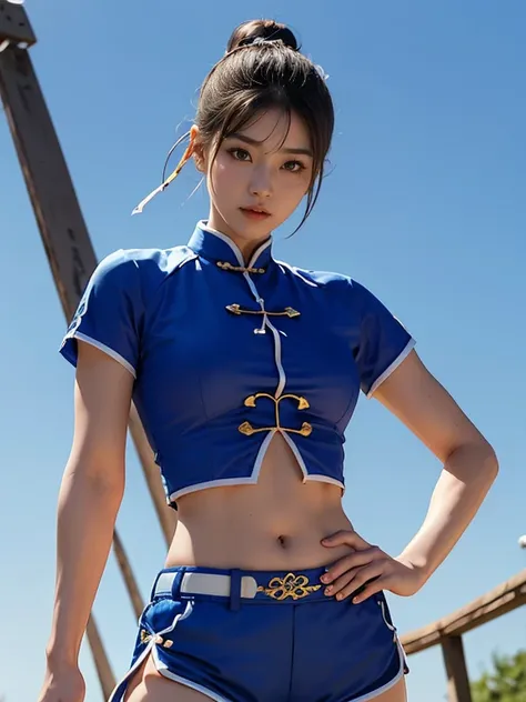 Beautiful woman。Blue Chinese style short sleeve shirt。Blue Chinese style hot pants。Street Fighter Chun-Li。cross。Crucifixion。Iristo