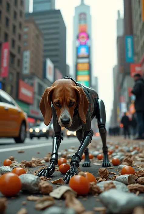 Dog beagle robot in new york street realistic style searching for food in the trash. He is sad