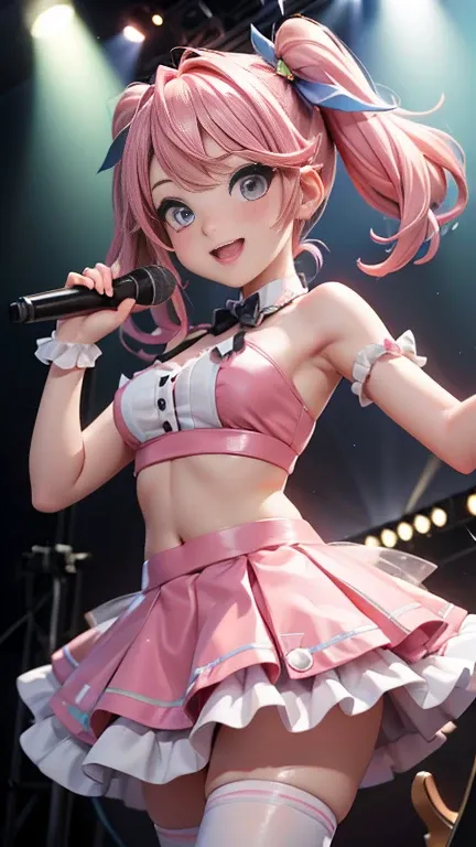 Idol singer、Big Twin Tail、Light pink hair、on stage、Searchlight、It consists of pastel colors、Voluminous skirt、mini skirt、Idol Costumes、ribbon、belly button、、Poses with intense movement、Hurrah!、Wink、Fun Expressions、smile、Eyes sparkling、Angle from below the st...