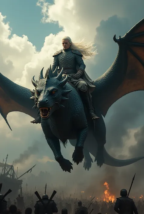 Create a detailed image of white-haired Aegon Targaryen on the battlefield on his dragon in the sky 