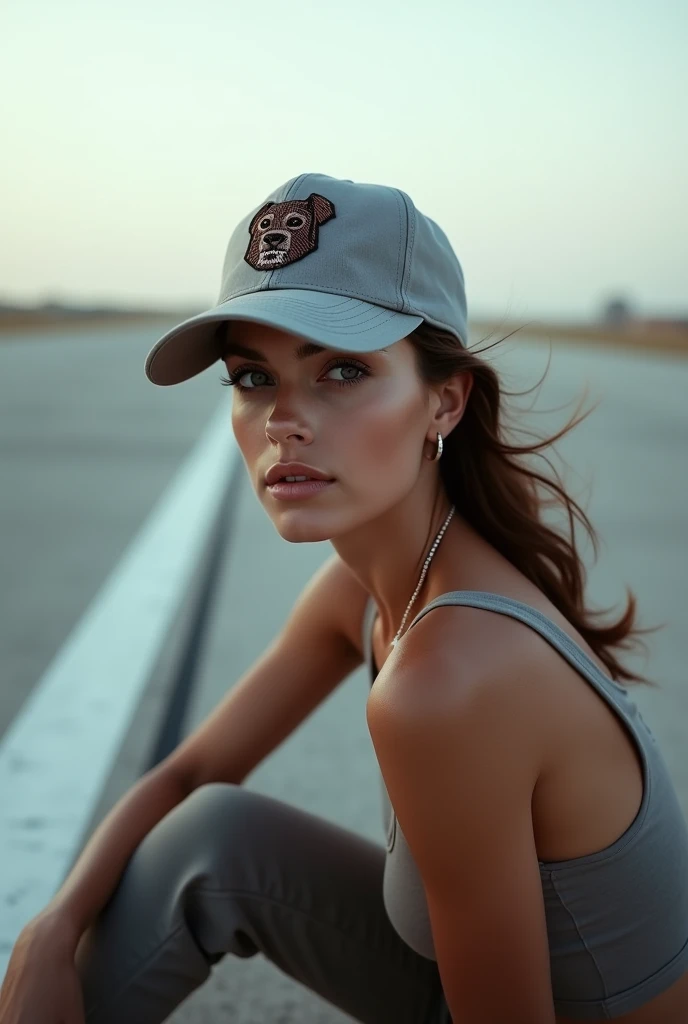 American woman wearing a grey baseball cap with embroidered dog head pattern sitting on the runway