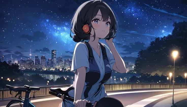 a beautiful young japanese woman with long black hair cycling through a park in tokyo at night, starry night sky, cityscape, listening to music