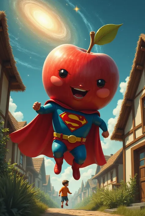 Apple wearing superman custom saving childs in village and moving toward centre of galaxy
