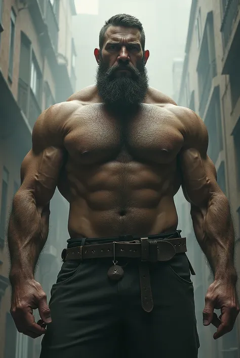 a giant man, muscular and shirtless, with a short beard, standing over me