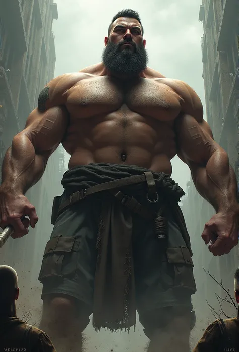 a giant man, muscular and shirtless, with a short beard, standing over me