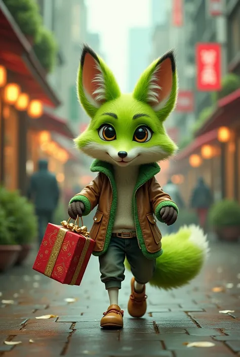 A green fox who loves shopping,Fox Girl,All hands are gifts,Can&#39;t take it all,Cute realistic style,Background city and forest,