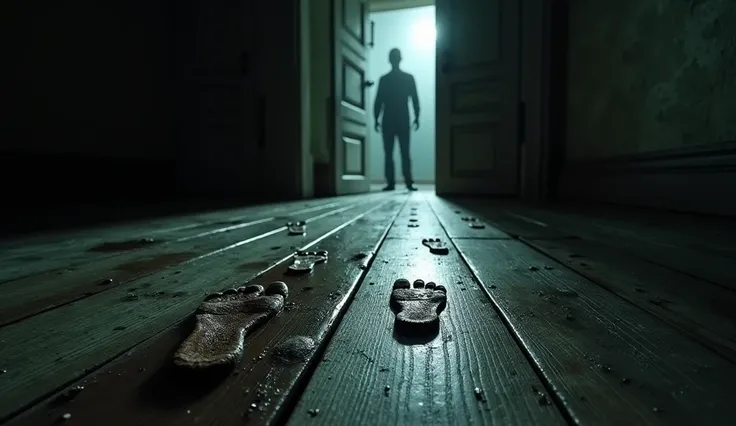 "A close-up of a wooden floor with wet barefoot footprints leading to a half-open door. Beyond the door, a dark, indistinct shape lurks, giving a sense of foreboding. atmosphere of fear and horror."