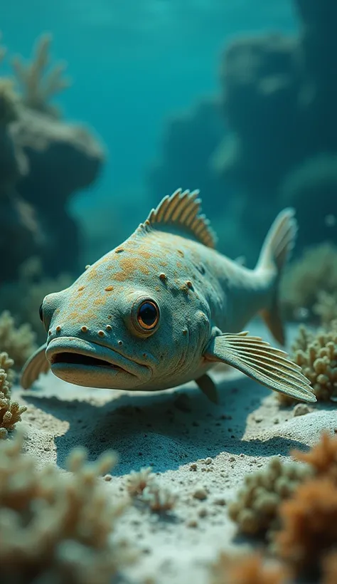  Create an image of a flounder blending into the ocean floor by changing its color."4k