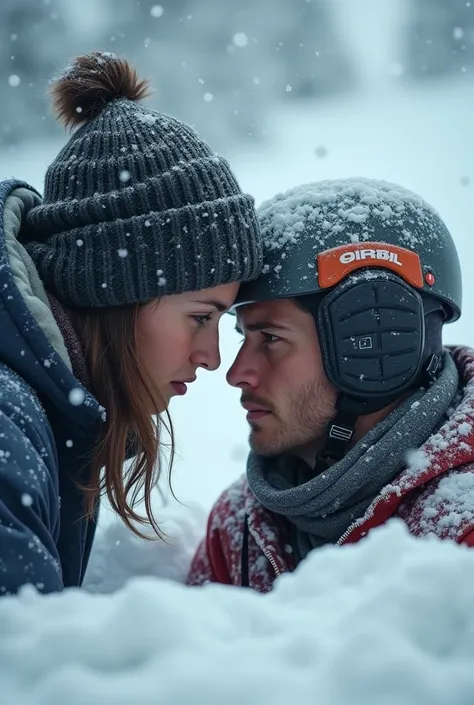 "A skier speaking with concern to a barely visible snowboarder trapped in the snow, their faces close as the skier checks if the male skier is okay. The scene is emotional, with the snowy environment emphasizing the gravity of the situation."