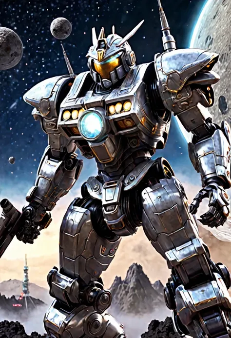 A giant robot (samurai theming, head has helmet styling and a large bubble dome cockpit), lunar surface, stars in back ground, action pose, shooting a rocket fist at viewer connected to mech via chain
