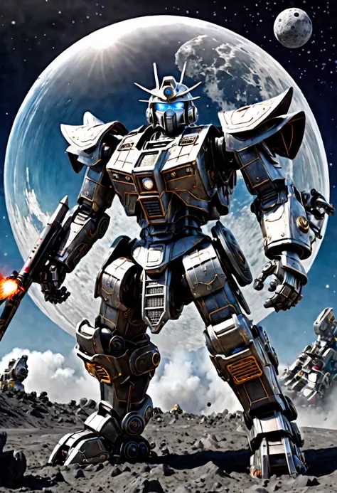 A giant robot (samurai theming, head has helmet styling and a large bubble dome cockpit), lunar surface, stars in back ground, action pose, shooting a rocket fist at viewer connected to mech via chain
