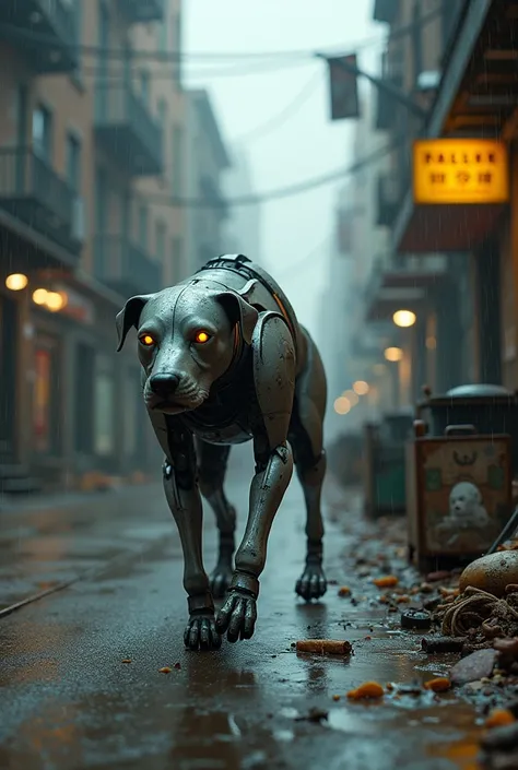 Dog robot in new york street in distopic ambient realistic style searching for food in the trash. He is sad
Its a cloudy and rainy day
