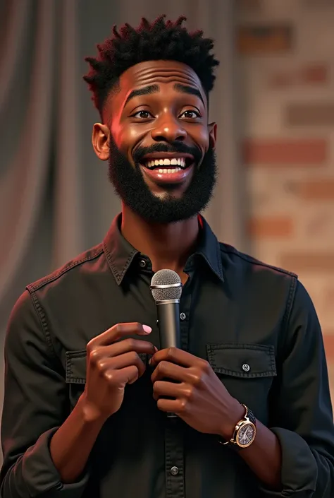 I want a black comedian with a funny facial expression that makes anyone laugh just by looking at his slightly large mouth., full body with social fact, shoe watch, tall and teenagers with realistic beard style like PlayStation 5 games with very high quali...