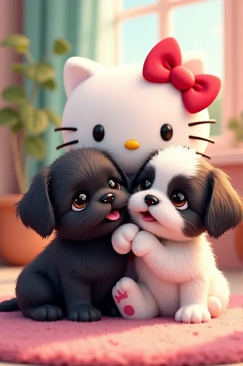 Two black shih tzu puppies
 hello kitty 