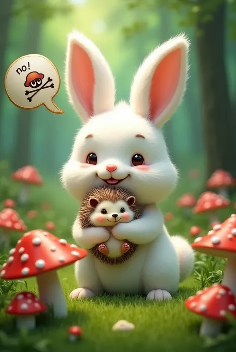 Generate a Full HD hyper-realistic image of A fluffy white bunny holds a small hedgehog in its arms, set against a vibrant, green forest backdrop. The scene features whimsical red and white mushrooms in the foreground. Above the bunny, a speech bubble disp...