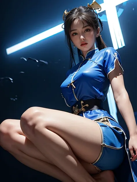 Crucifixion。Beautiful woman。Blue Chinese style short sleeve shirt。Blue Chinese style hot pants。Street Fighter Chun-Li。