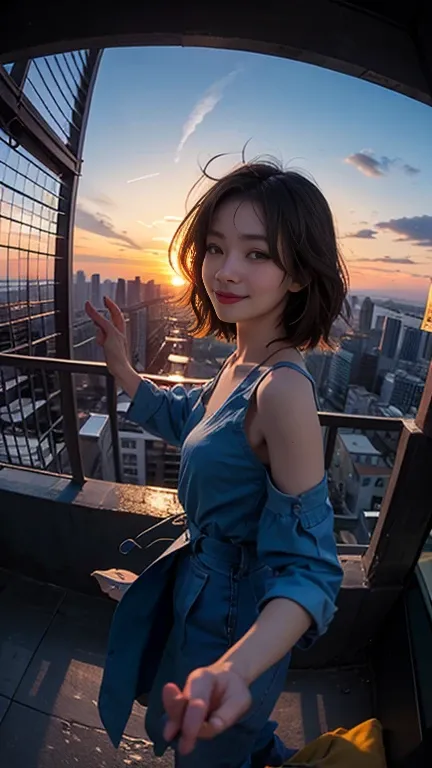 One person, Korean, Fisheye Lens, Selfie, Wind, Messy Hair, sunset, Cityscape, (Aesthetics and atmosphere:1.2),smile