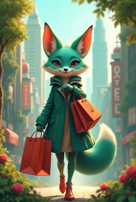 A Tiffany green female fox who loves shopping,Carrying a bunch of gifts,Can&#39;t take it all,Cute realistic style,Background city and forest,