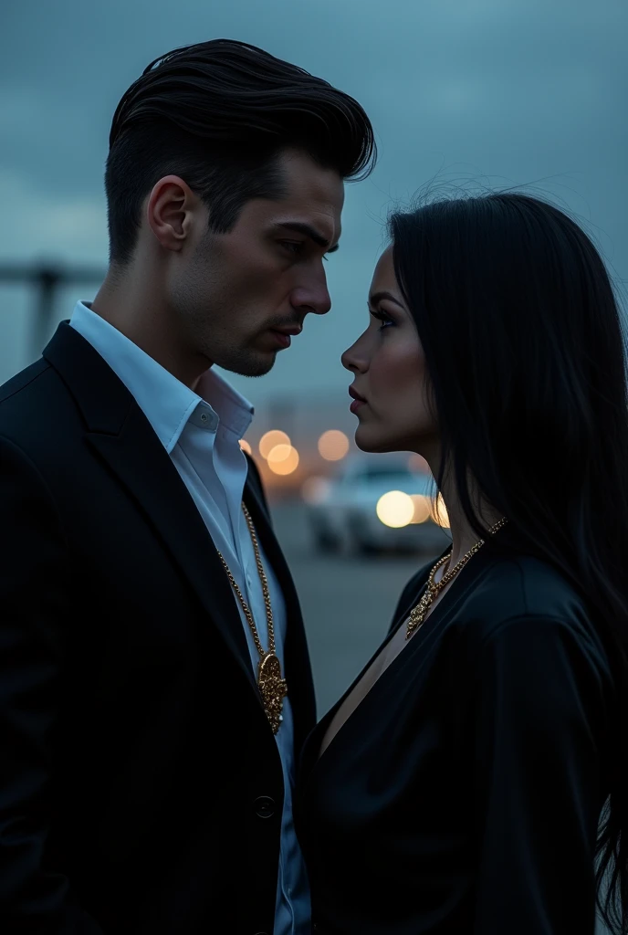 Handsome man too attractive with short black hair and white skin too beautiful, with a black suit with a casual white shirt and a gold plated necklace, Dark beauty that denotes sensuality and power, and elegance, make it strong and very manly. That he is a...