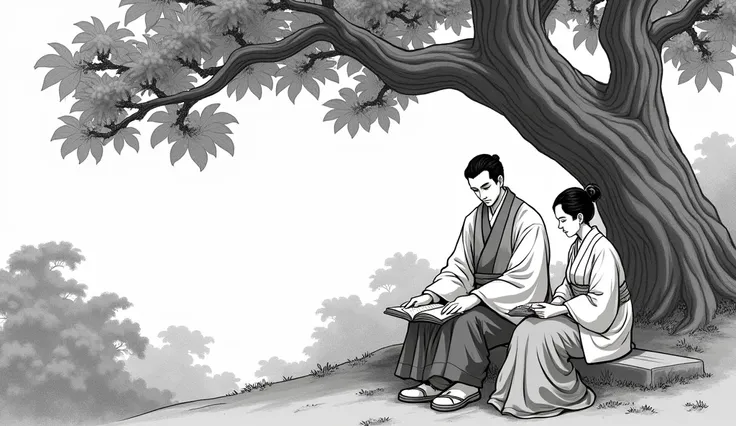 Ukiyo-e, simple,man,two woman, studying, old style, large tree,without color,