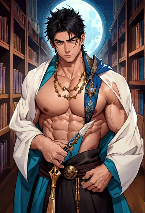 A muscular man with short black hair is holding a magic wand、Wizard、Highest quality、Perfect pectoral muscles、Perfect Abs、manly、Mysterious Library