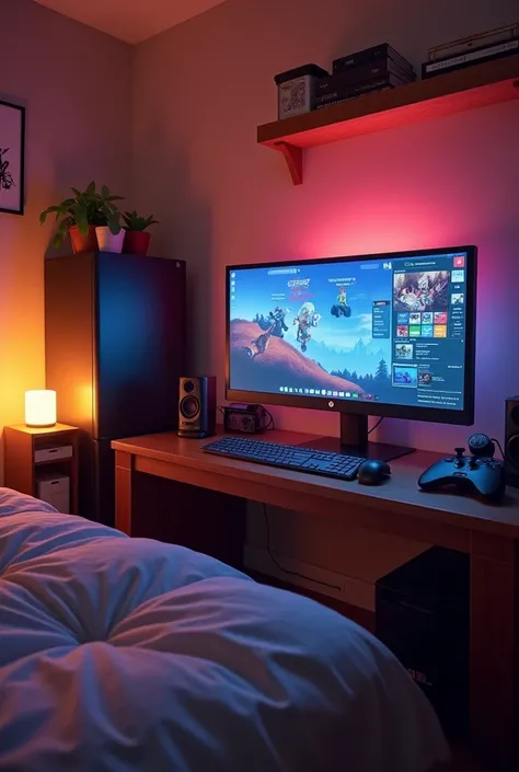 Je veux une chambre avec un beau Pc et que sur l’écran du Pc y’a roblox je veux qu’on voit aussi un lit et un petit frigo 