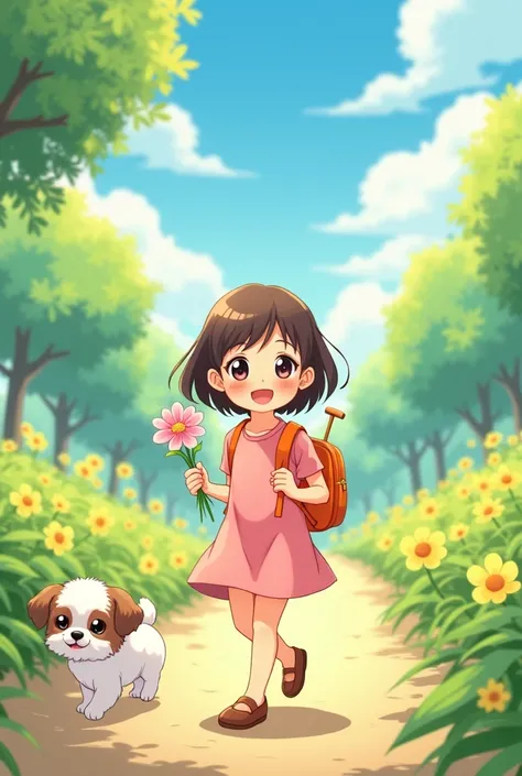  A cute  wearing pink, holding flowers in her hand and carrying an orange backpack is walking with a small Shih Tzu puppy. The illustration style should be similar to Japanese anime –ar 3:4