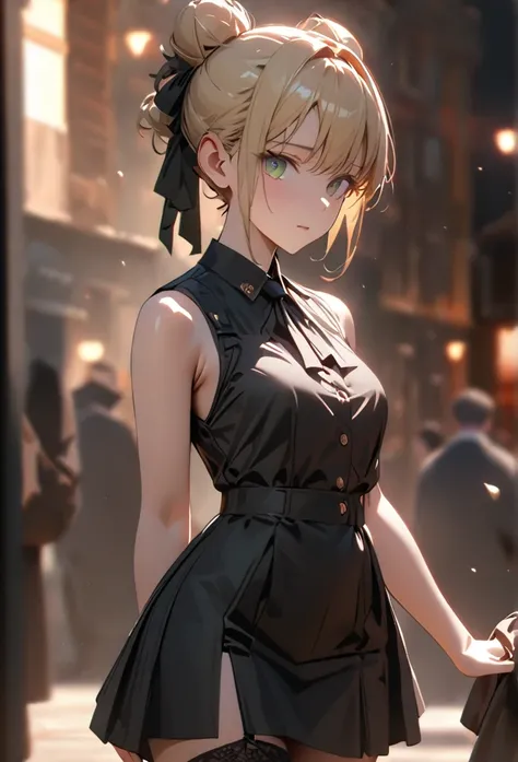 blond hair, chignon hair, light green eyes,Twisted Double Buns back the head, (wearning sleeveless shirt white, black skirt, black ribbon tie, garter stockings) 1 woman, hair up, happy, tired, high detail, green eyes, blonde hair, pretty, tall, emotionless...