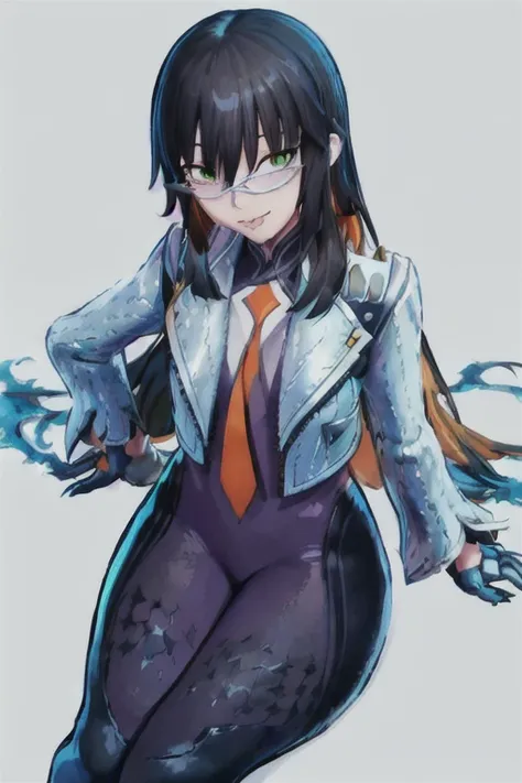 daraku, alone, 1girl, glasses, green eyes, solo, jacket, bodysuit, orange tie, long hair, gloves, smile, best quality, masterpie...