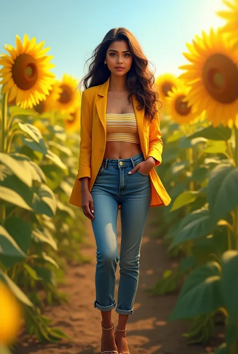 Midday, Tamil girl, 20 year old, open blazer, striped strapless choli, denim pants, high heels, standing in a sunflower field, sunflowers towards sun, (meticulous detailing of face eyes nose cheeks), slight smile, HDR, hyper realistic