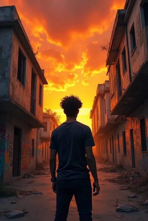 (photorealism:1.2), Black haired man looking back at an abandoned building with graffiti in an orange sunset in Guadalajara 