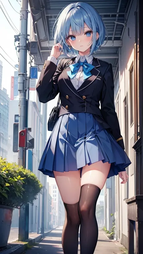 (Highest quality,Very detailed,high school girl),black tights,Blue Hair,short hair,cute,blue eyes,Wearing a high school uniform,She is wearing a blue skirt..,Her highlights are a bright white.,Her eyes are white and shining