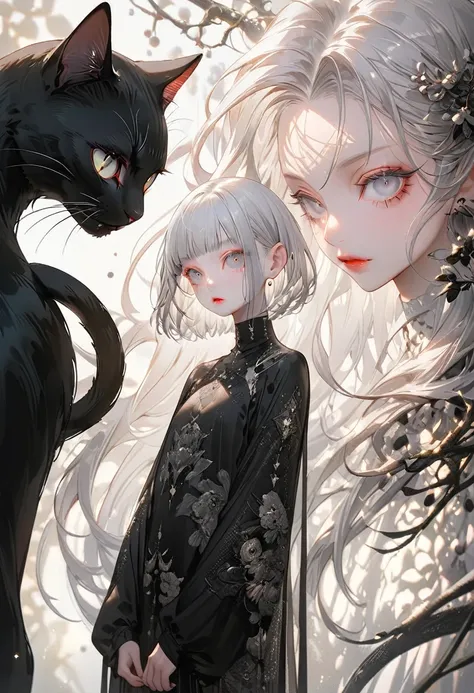 (Highest quality,Very detailed,High resolution:1.2),Slim albino girl，Gray-haired berry shorthair,gray bangs，very_Long eyelashes, Detailed lips, Cool look, Soft Skin, Shiny Hair,Exquisite makeup, Standing next to a giant black cat