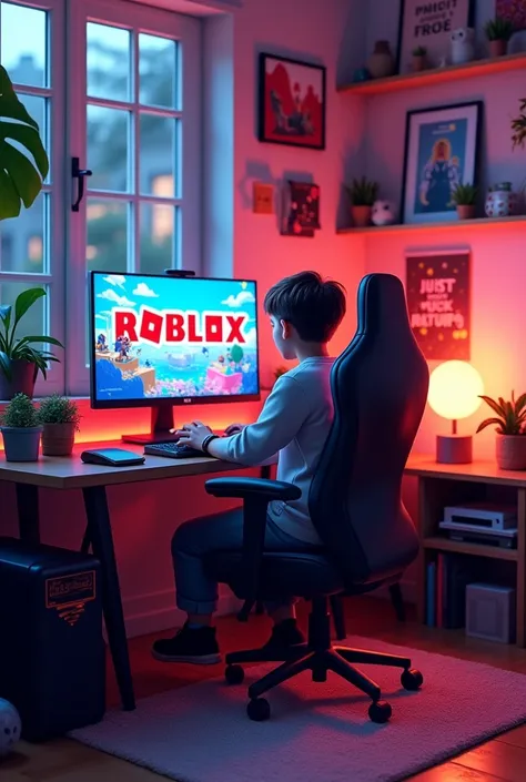 I want a room with a nice PC and that on the PC screen there is Roblox 